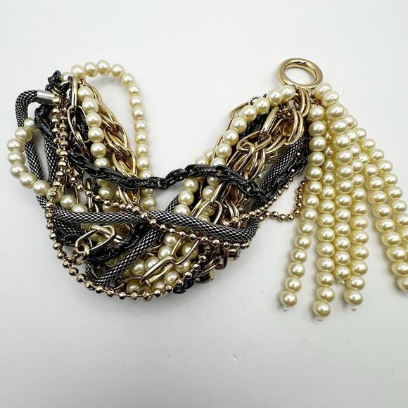Banana Republic Bracelet Mixed Metal Maximalist Chunky Chain Faux Pearl Retro - Picture 1 of 9